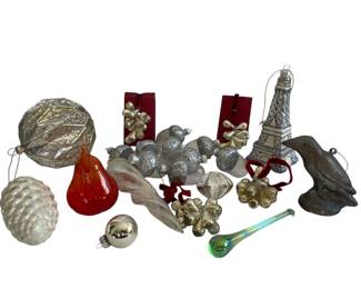 Silver tone & one red glass ornament 