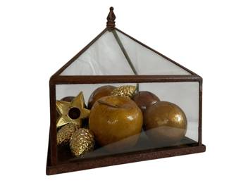 Glass case with gold & bronze ornaments 