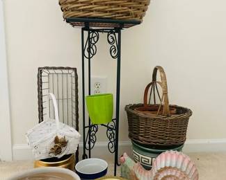 Tile Top Flower Pot Stand Table With Variety Of Pots Baskets