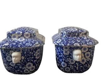 A PAIR Of VINTAGE CROWNFORD BURLEIGH BLUE CALICO TEA BAG HOLDER STAFFORDSHIRE ENGLAND