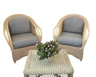 Pair Of MCM Wicker Club Chairs Wicker Table