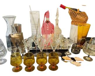 Barware Lot With Great Kirk Stieff Jefferson Cups , Cocktail Bow Forks, Glasses, Decanters More