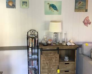 DVD’s, CD’s, cute cabinet with barn door 