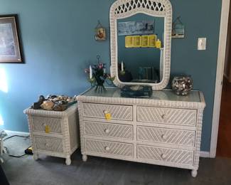 White wicker dresser and mirror, white wicker end table, etc.