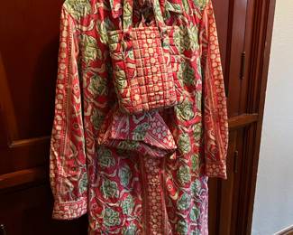 1970s Design Thai for Gump's Pink & Green Floral Long Sleeve Collared Midi Dress
