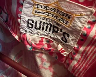 1970s Design Thai for Gump's Pink & Green Floral Long Sleeve Collared Midi Dress