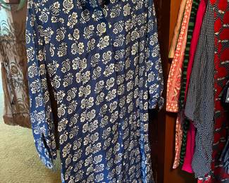 Marimekko Hedelmäkori Pattern Blue & White Midi Collared Dress by Annika Rimala – Size Large/42