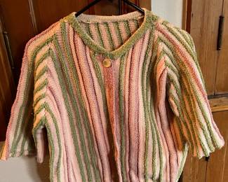 Handmade 1960s Style Short Sleeve Green & Pink Cropped Cardigan