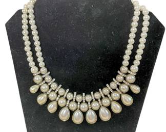 Double Strand Pearl Rhinestone Necklace