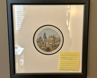 Framed & Matted Mini Circular Watercolor Print of Charles Bridge in Prague, Czechia
