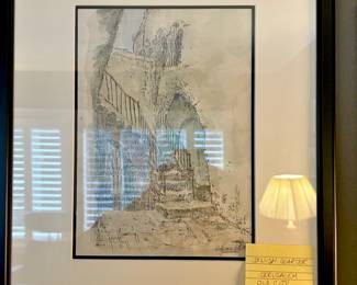 Framed & Matted Ink & Watercolor of Jewish Quarter - Signed Schwartz