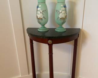 Pair of French Style Floral Hand Painted Green Glass Vases