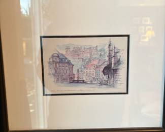 Framed & Matted Watercolor Print "Heidelberg, Germany Marketplace by Mads Stage