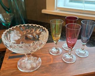 Cut Glass Candy Bowl with Etched Floral Design, Set of 4 Multicolor Glass Champagne Glasses
