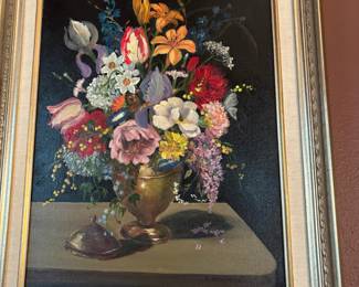 Framed Floral Bouquet Still Life Oil Painting by Karen Winberg Morisset