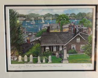 Framed & Matted Watercolor "View From Old Burial Hill in Marblehead, MA" by Wanda J.P. Bartlett