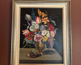 Framed Floral Bouquet Still Life Oil Painting by Karen Winberg Morisset