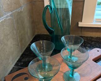 Teal Blown Swung Glass Pitcher with Stir Stick, Set of 4 Teal Glass Martini Glasses
