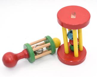 Pair of Vintage Wooden Roll & Rattle Toys