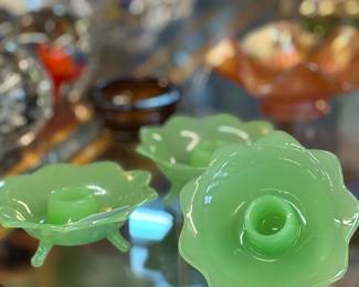 Fenton Jadite Lotus Tri footed Taper Candle Holder