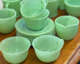 Jadite Fire King Jane Ray Pattern Cup and saucer. Fire King Jadite Alice Pattern Cup and Saucer