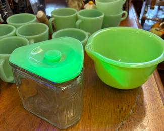 Refrigerator dish with Jadite Uranium lid. Triangle dish has chip As found.