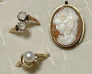 Victorian rose gold moonstone bypass ring, vintage pearl and diamond gold ring and 10k gold antique cameo pendant