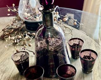 silver overlay amethyst decanter set