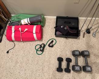 Free weights, exercise equipment, workout mats. 