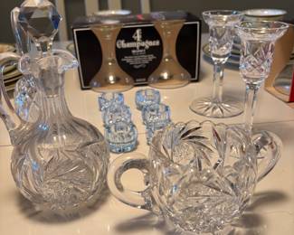 Crystal Sugar Bowl and Decanter, Cystal Sherry glasses and small crystal candle holders