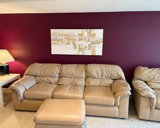 Ivory Leather Couch and Armchair with ottoman