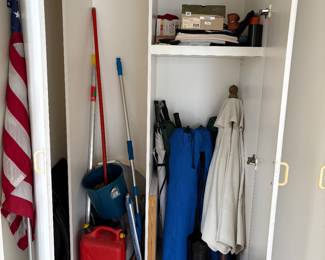 Golf umbrella's, broom, mop and gas tank