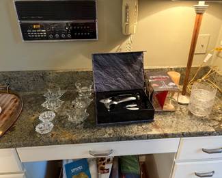 Candleholders, vintage Champagne glasses and wine opener set