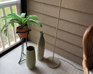 Porch plant, vases and floor lamp