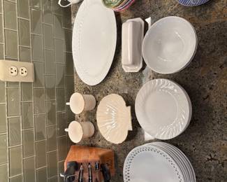 Knife block, decorative and unique serving dishes.