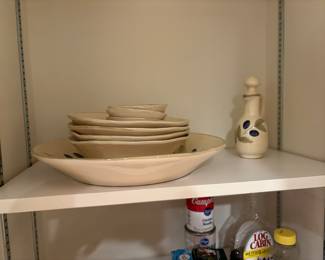 Set of Olive branch serving bowl, olive oil (salad dressing) dispenser, salad bowls and small bowls. 