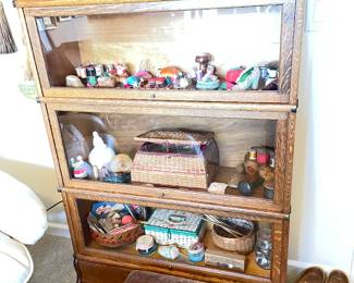 lawyer bookcase & vintage sewing notions & wooden shoes