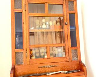 wall cabinet, collection of shaving mugs & brushes