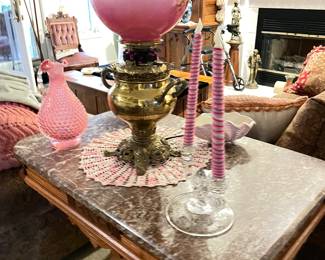 lamp & marble topped victorian table