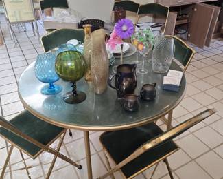 MCM with green velour seat padded folding card table featuring 8 total chairs