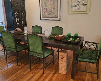 Vintage Faux Bamboo Dark Green Chippendale Dining Chairs 800.00 just chairs
Dining table 400.00