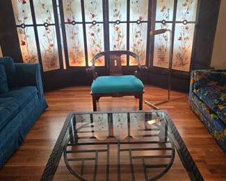 Late 20th Century Vintage James Mont Style Horseshoe Back Chair $200. Obo
Mid Century Karl Springer Style Chineses Chippendale Wrapped Ming Coffee Table $275. obo