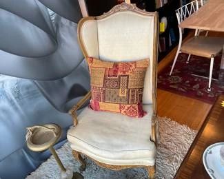 Antique, French Provincial winged and linen chair. $75 + tax