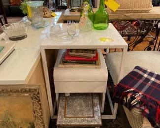 White, metal, rectangular, cafe table. $30 + tax