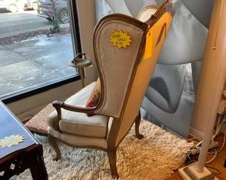 Antique, French Provincial winged and linen chair. $75 + tax