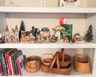 A few Department 56 houses, Longenberger   Baskets, and books