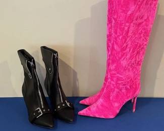 New Day Women's Mickey Point Toe Moto Ankle boot in black faux leather and INC havannah knee-high stovepipe dress boot in fuchsia.