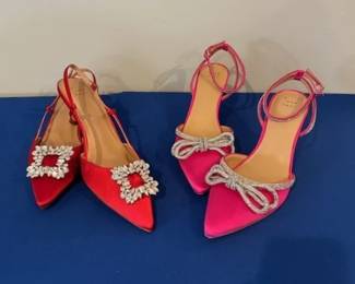 Carmin Bow Pumps in pink satin with rhinestones and Annette Satin Slingback heel in red satin and crystal embellishments.  All women's shoes sized 9,10,  & 11  available in many styles.