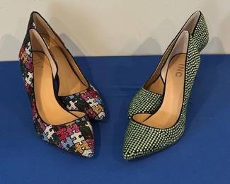 INC Kenjay d'Orsay stiletto pump in a black "puzzle" and green/multicolor rhinestone.  All women's shoes sized 9,10,  or 11  available in many styles.
