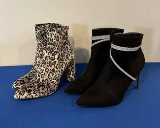 A New Day Norma Cylinder-Heel Booties with leopard print faux suede/velvet and pair of black faux-suede stiletto ankle boots.  All women's shoes sized 9,10,  or 11  available in many styles.